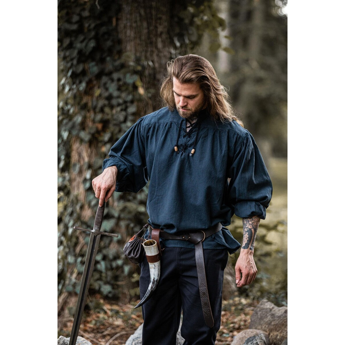 Product image Medieval Stand-Up Collar Lace-Up Shirt Georg blue mottled